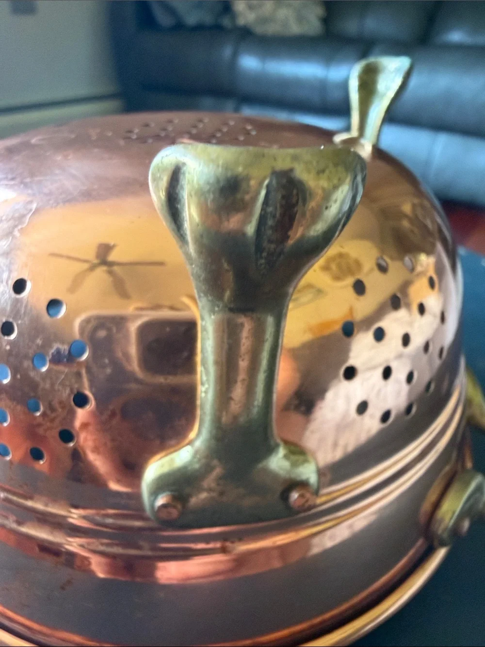 Vintage Copper Colander with Brass Handles and Feet